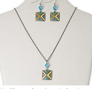 Necklace and Earring Blue and Multi Colored  Square Bead 