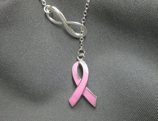 Infinity sign with pink Breast Cancer Awareness ribbon adjustable lariat necklace