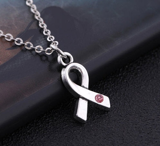 Necklace silver with pink crystal Breast Cancer Awareness