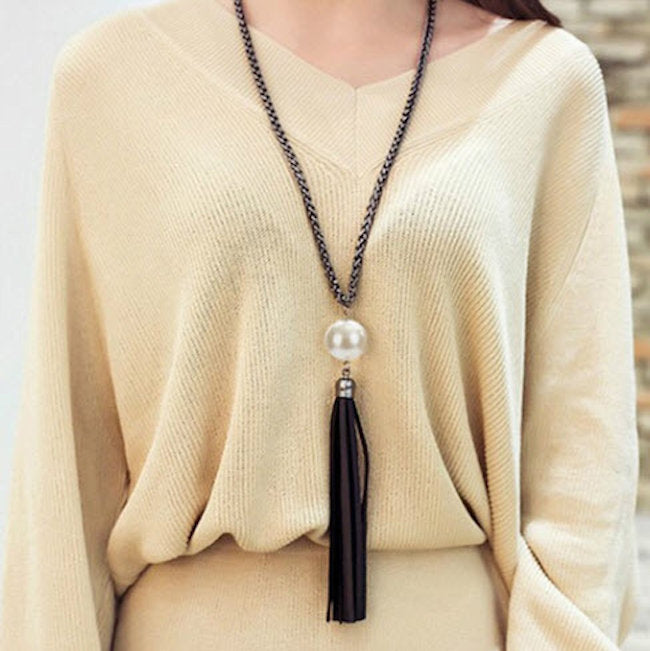necklace black tassel pearl long
