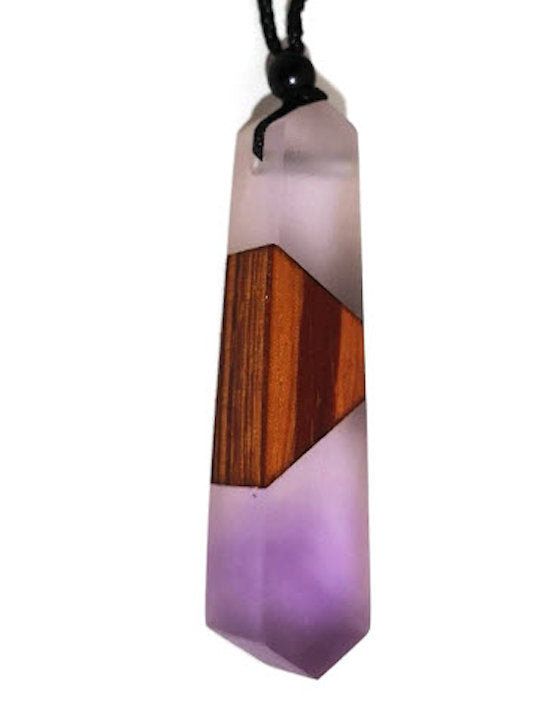Wood with purple and clear resin on adjustable black cord necklace