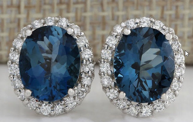 Oval Sapphireand CZ Sterling Silver Stud Earrings