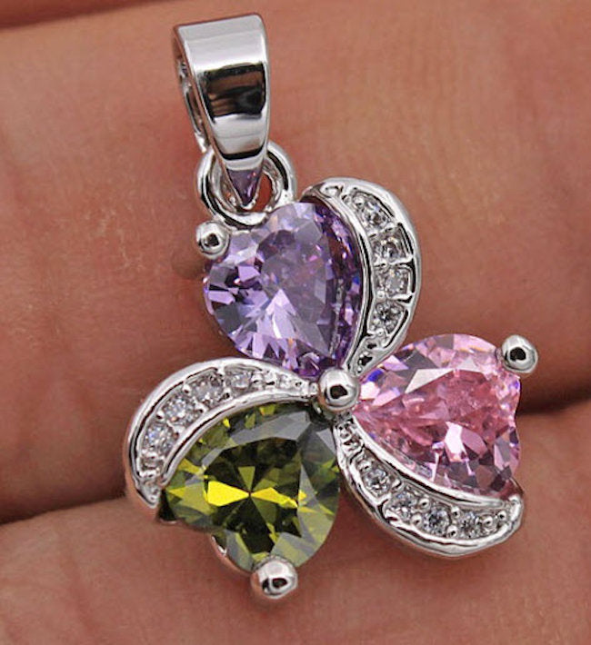 Heart Shaped Purple, pink and green topaz, rhinestone 18K White Gold Filled Pendant