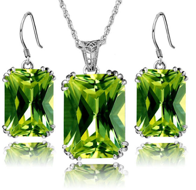 Pendant and Earring Emerald Green Crystal Rectangular Cut