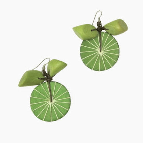 Earrings Green Apple Button wrapped with ivory thread topped with 2 kiwi green wood trapezoid beads fishhook