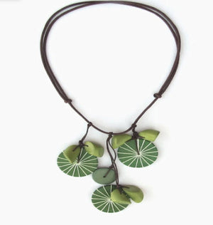 Necklace 3 green apple buttons wrapped in ivory thread topped with 2 kiwi green wooden trapezoid beads from adjustable brown waxed cotton cord 