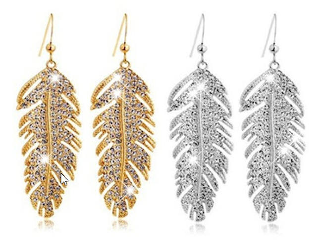 earrings feather rhinestone