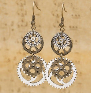 Steampunk Antique Bronze and Silver Gear Earrings
