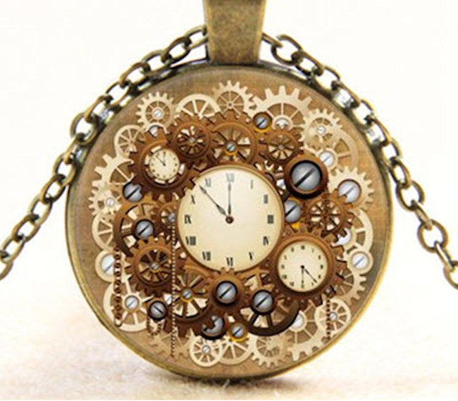 steampunk necklace with gears and clock