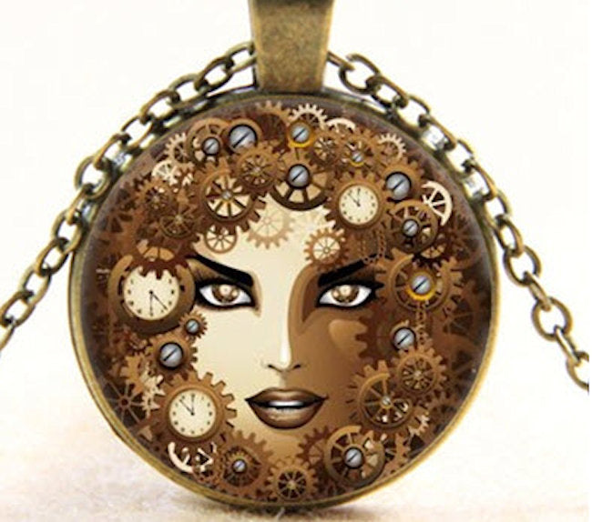 Steampunk Necklace Gears and ladies face