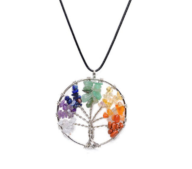 Tree of Life Necklace with Chakra Colored Semi Precious Gemstones