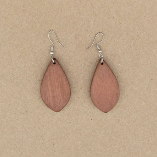 Earrings Leaf Shaped Dark Natural Wood with Stainless Steel Fishhokks