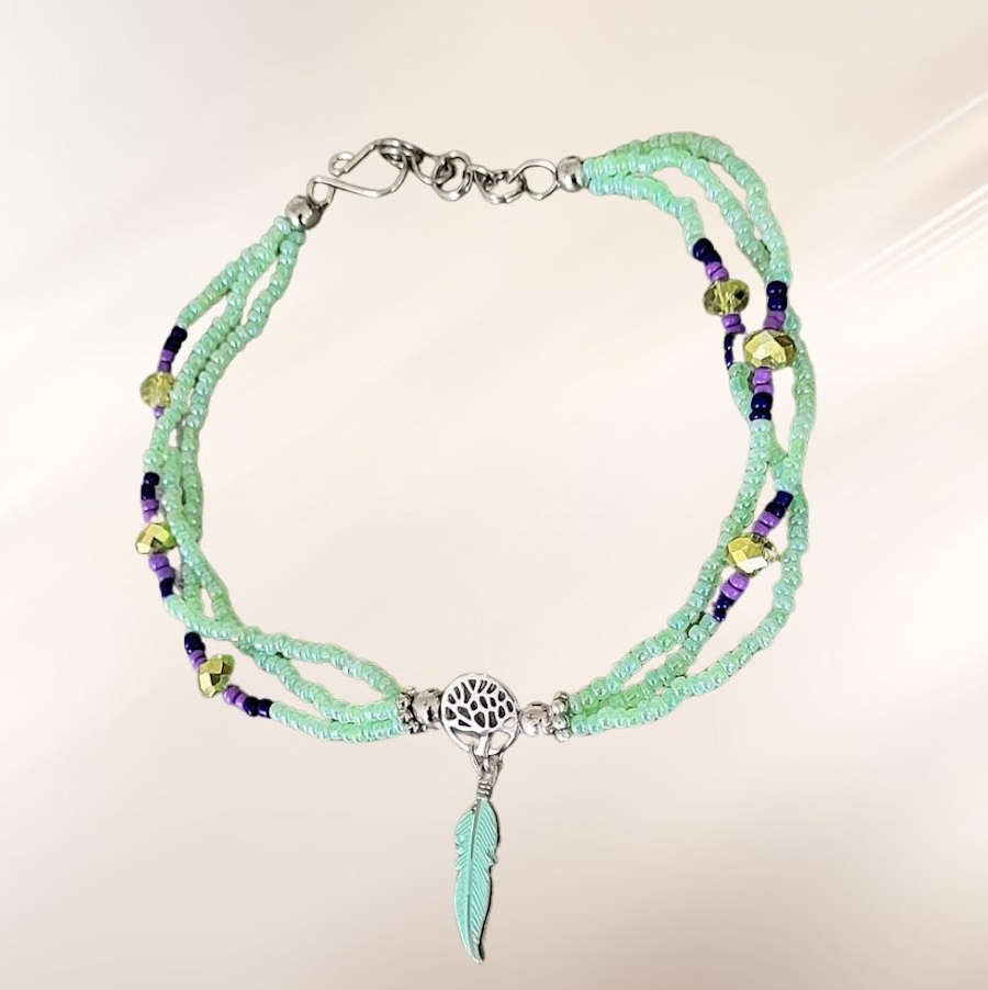 Seafoam Green Anklet with Tree and Feather