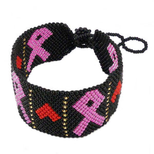 Seed Beaded Pink Ribbon Breast Cancer Awareness Bracelet