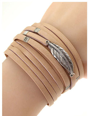 Leather Multi-Layer Snap Bracelet with Leaf