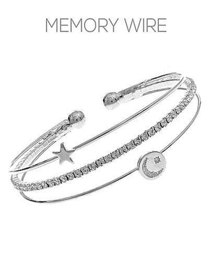 Three Layer Memory Wire Moon and Star Bracelet with Cubic Zirconia
