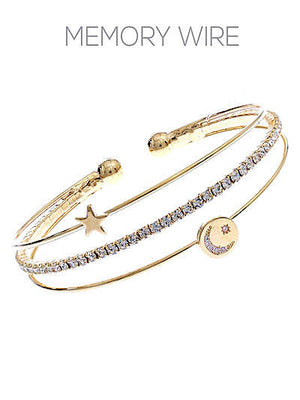 Moon and Star Memory Wire Bracelet with Cubic Zirconia
