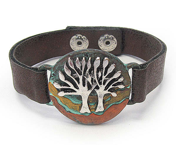 Tree Of Life Bracelet on Rustic Metallic Leather Band 