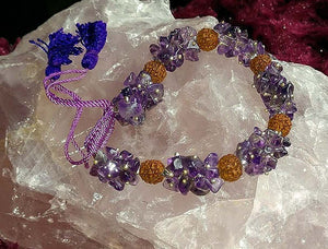 Bracelet with Amethyst Chips and Rudraksha Seeds and Cotton Strings for Sizing
