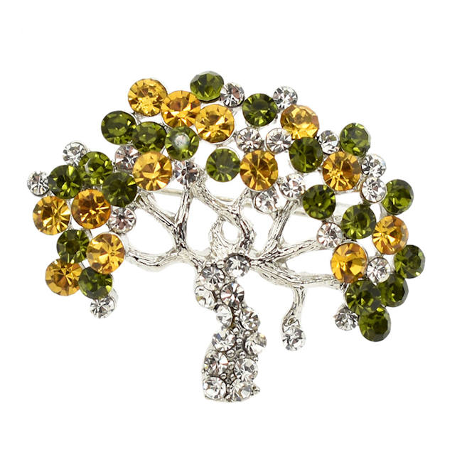 Tree of Life Brooch with Rhinestones of Yellow and Green