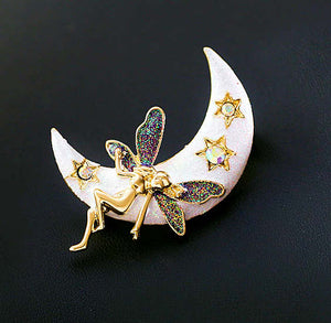 Crescent Moon with Fairy Brooch