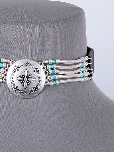 CHOKER - LEATHER WITH TURQUOISE BEADS 