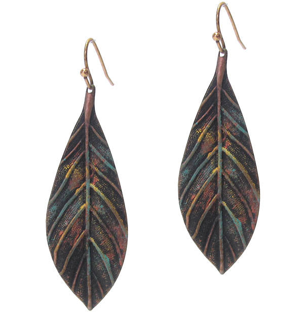 Colorful rustic copper leaf dangle earrings