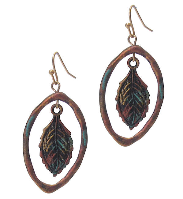 Vintage Rustic Metal Earring - Colorful Leaf in Oval