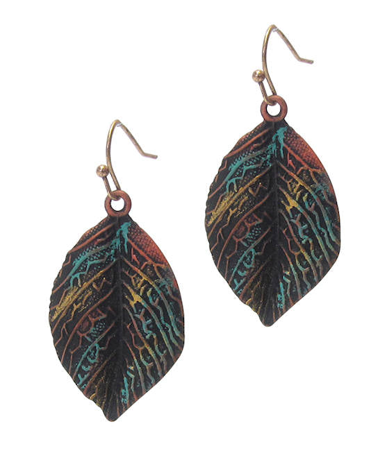 Vintage Rustic Patina Metal Earrings - Leaf