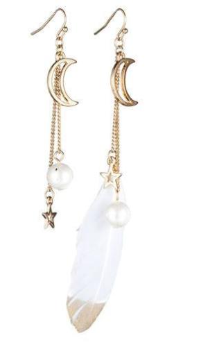 Moon, Star Asymmetric Earrings with Gold Tipped White Feather