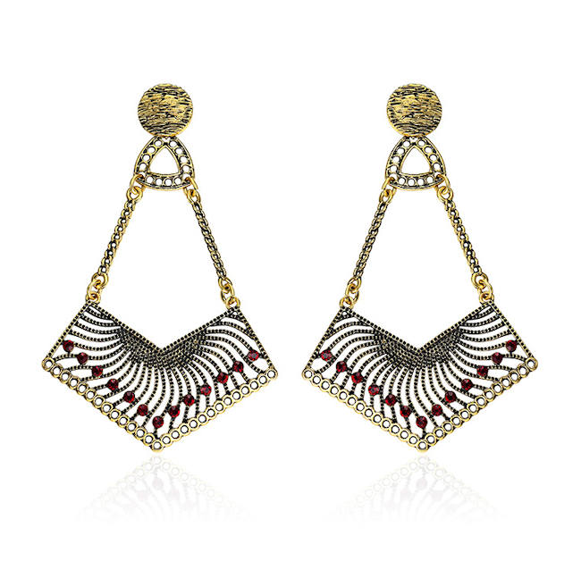 Earrings with Geometric Look and Red Crystal Stones