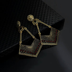 Geometry Earrings Dangle Hollow Cut with Red Crystals