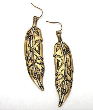 Feather Drop Earring with Aztec Pattern
