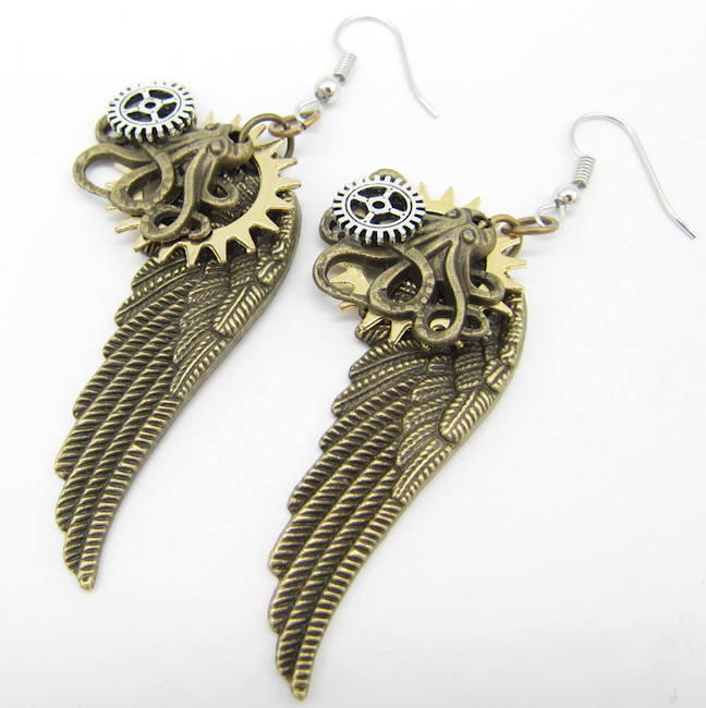 Steampunk Earrings - Gears, Octopus and Wings