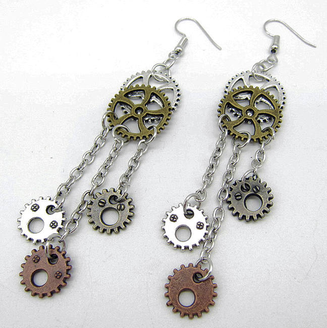 Steampunk Gear, Tassle, Chain Earrings