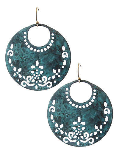 Round Earrings with Cutout Pattern - Patina Tone