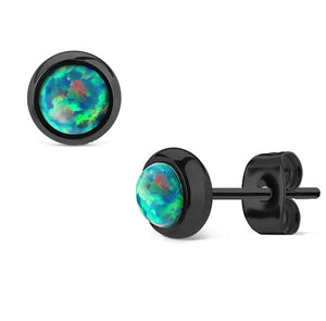 Stud Earrings - Synthetic Opal - Black Plated Surgical Steel