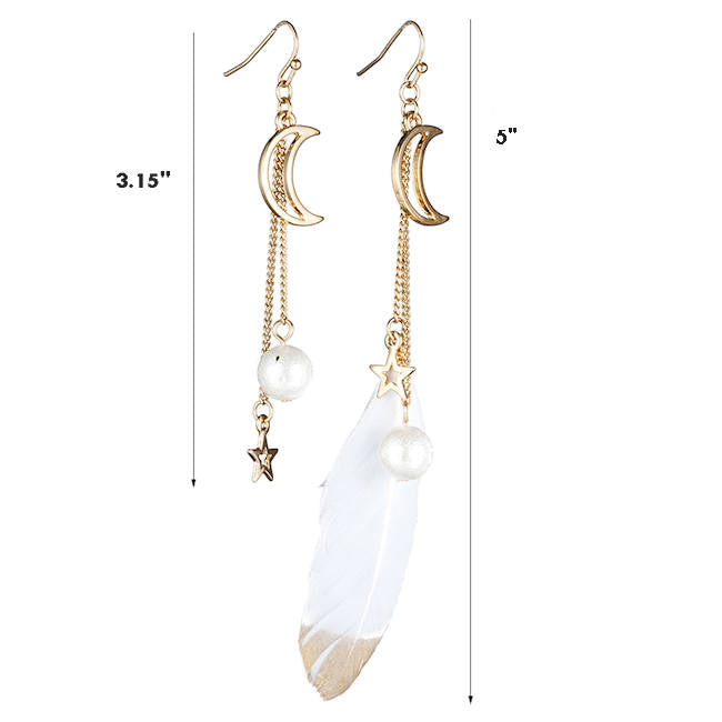 White Feather Earring with Gold Tip and Moon Star Asymmetric Earrings