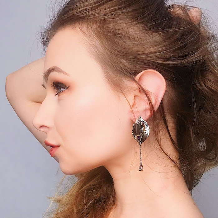 Leaf Earrings with Purple CZ