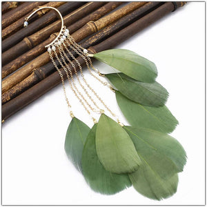 Graduated Green Feather Dangles on Ear Cuff
