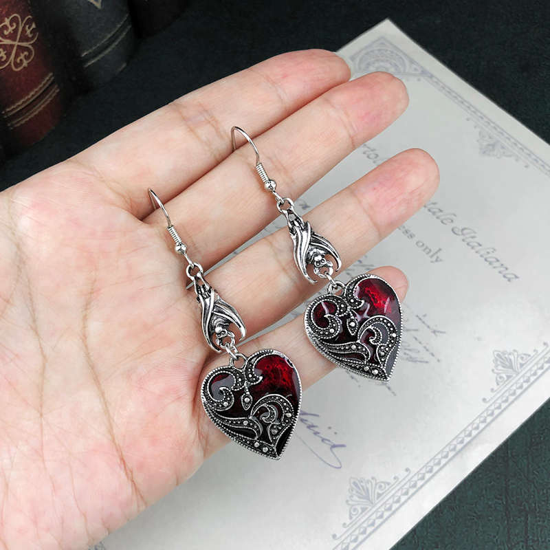 Dark Red Heart and Bat earrings