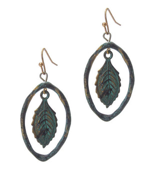 Patina Metal Earring - Leaf Dangle in Oval