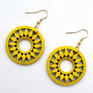 Yellow wooden sunburst earrings