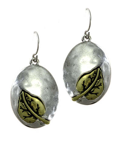 Silver Earrings with Embossed Green Leaf