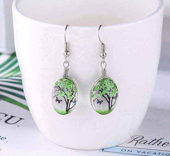 Earrings - Clear with Colorful Tree and Butterfly