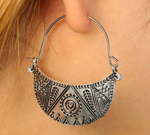 Bohemian Style Silver Carved Design Earrings