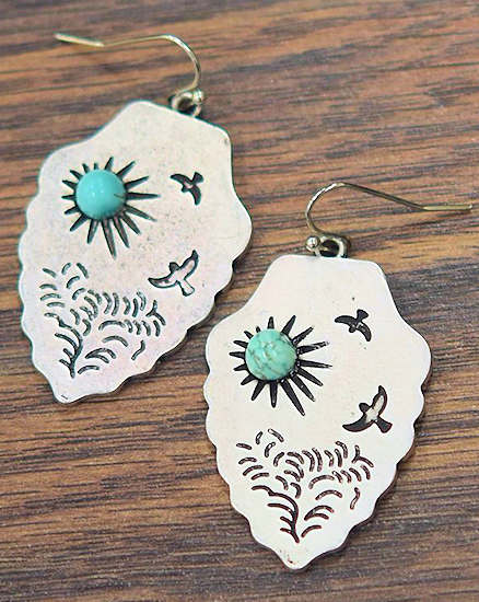 Turquoise Earrings with Etched Birds