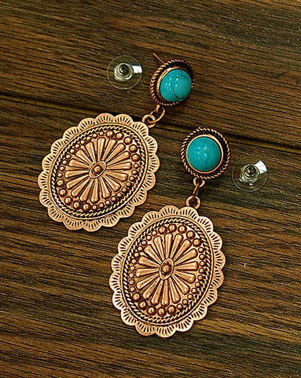 Concho Style Post Earrings , Natural Turquoise 