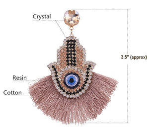 Hamsa Earrings with Crystals and Tassels with Eye
