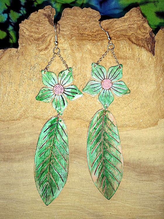 Leather Look Flower with Leaf Earrings